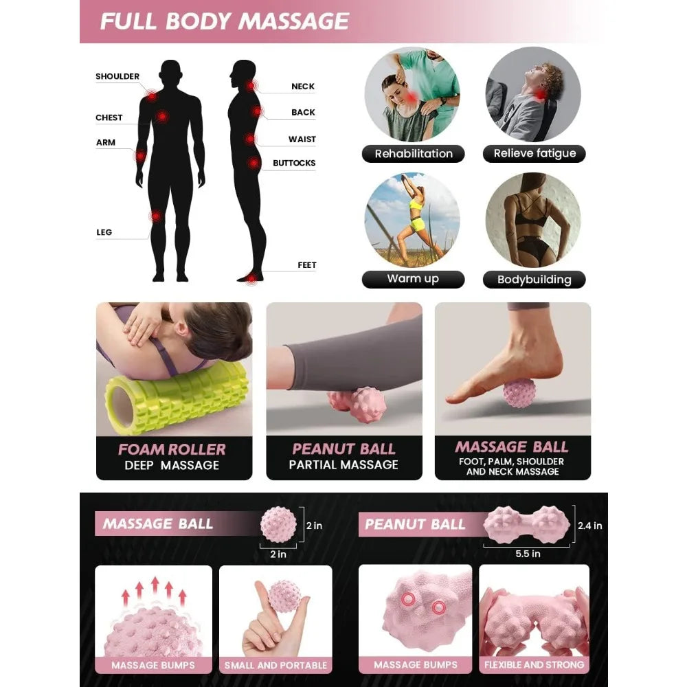 Carzo Yoga Starter Kit 12 in 1 With Mat Foam Roller 4 Resistance Bands Blocks 2 Pack Strap Peanut Massage Balls