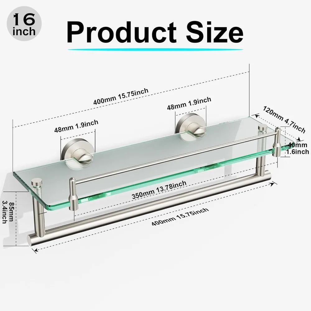 Glass Bath Shelf With Towel Bar And Brushed Finish