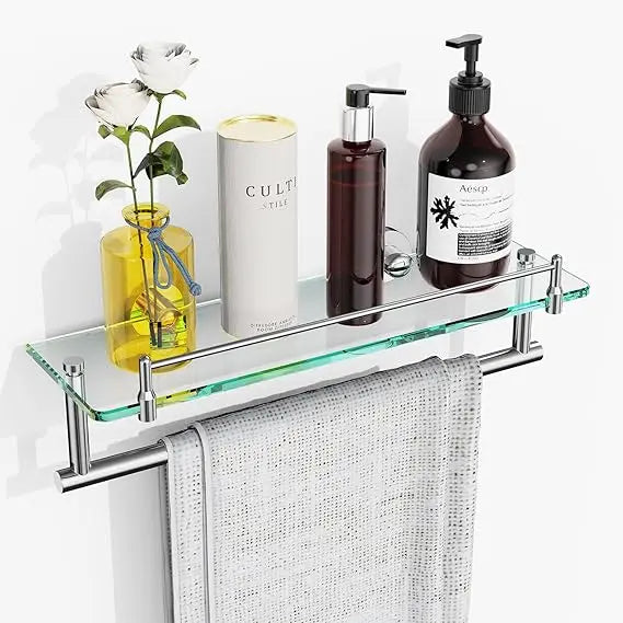 Glass Bath Shelf With Towel Bar And Brushed Finish