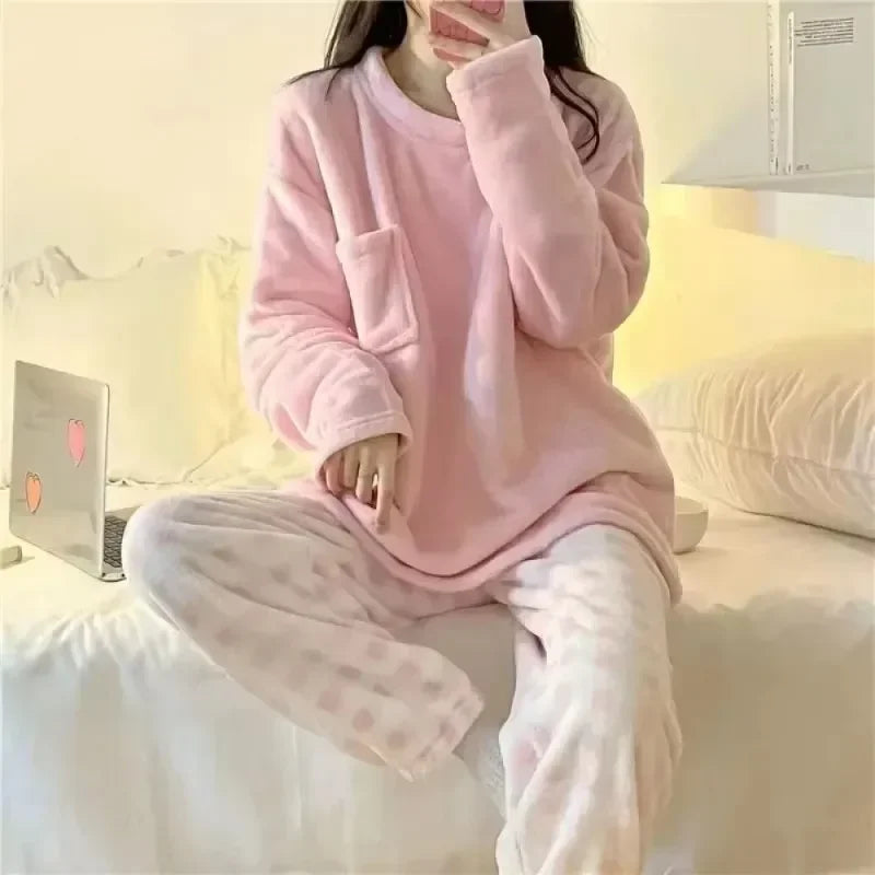 Fleece Thick Warm Womens Pajamas Set Solid Top Plaid Pants