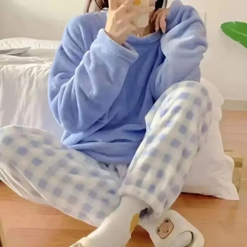 Fleece Thick Warm Womens Pajamas Set Solid Top Plaid Pants