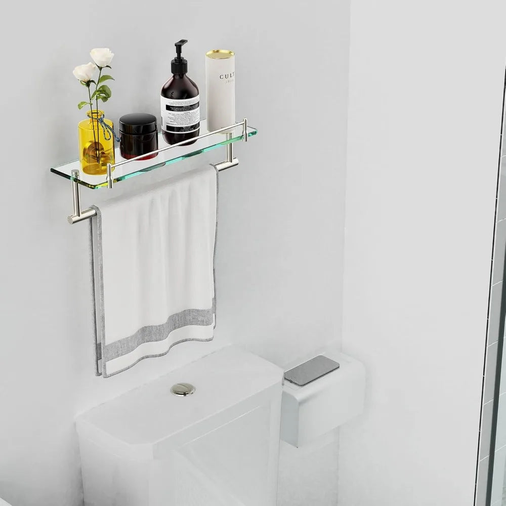 Glass Bath Shelf With Towel Bar And Brushed Finish