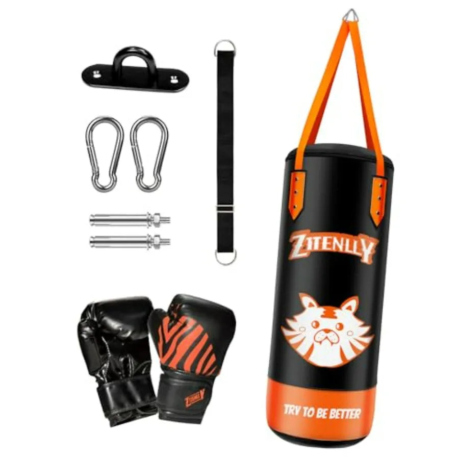 Punching Bag with Gloves - PU Leather Adjustable Hght Strap - Boxing Bag Set for 3-8 Years Great for Boxing MMA Kickboxing