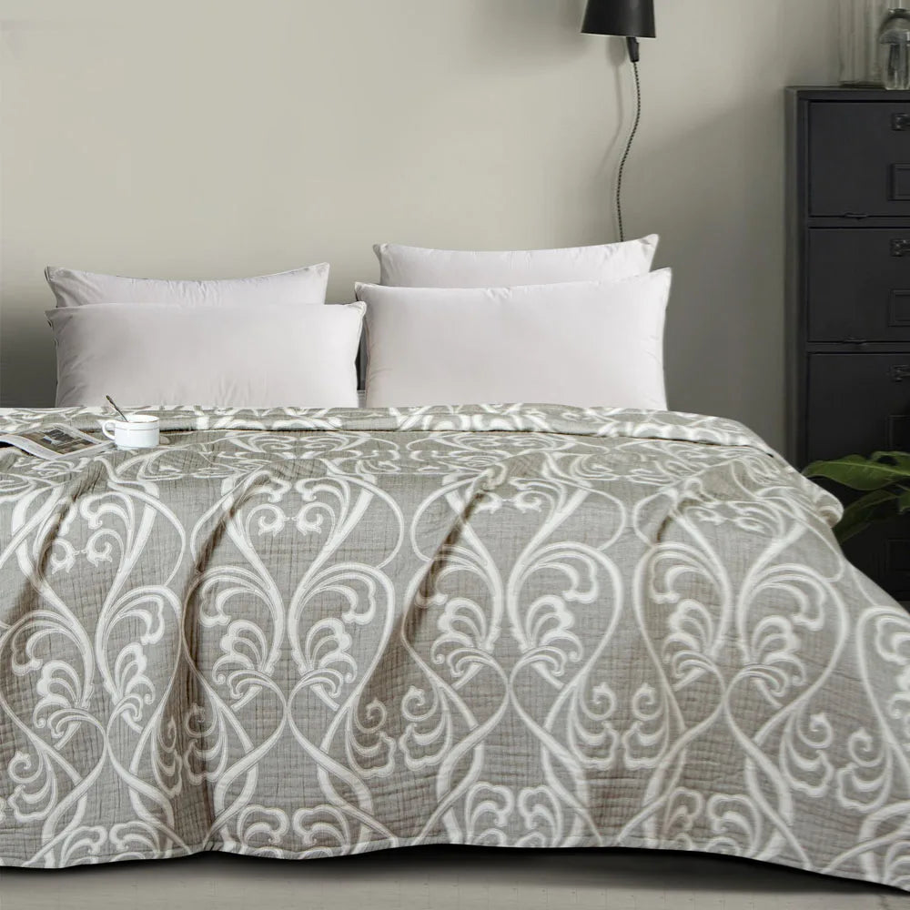 Ntbay 3 Layers Cotton Muslin Bed Blanket, Soft Breathable Thermal Yarn Dyed Quilt for Adults, Perfect Lightweight Blanket