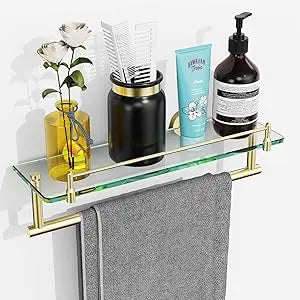 Glass Bath Shelf With Towel Bar And Brushed Finish