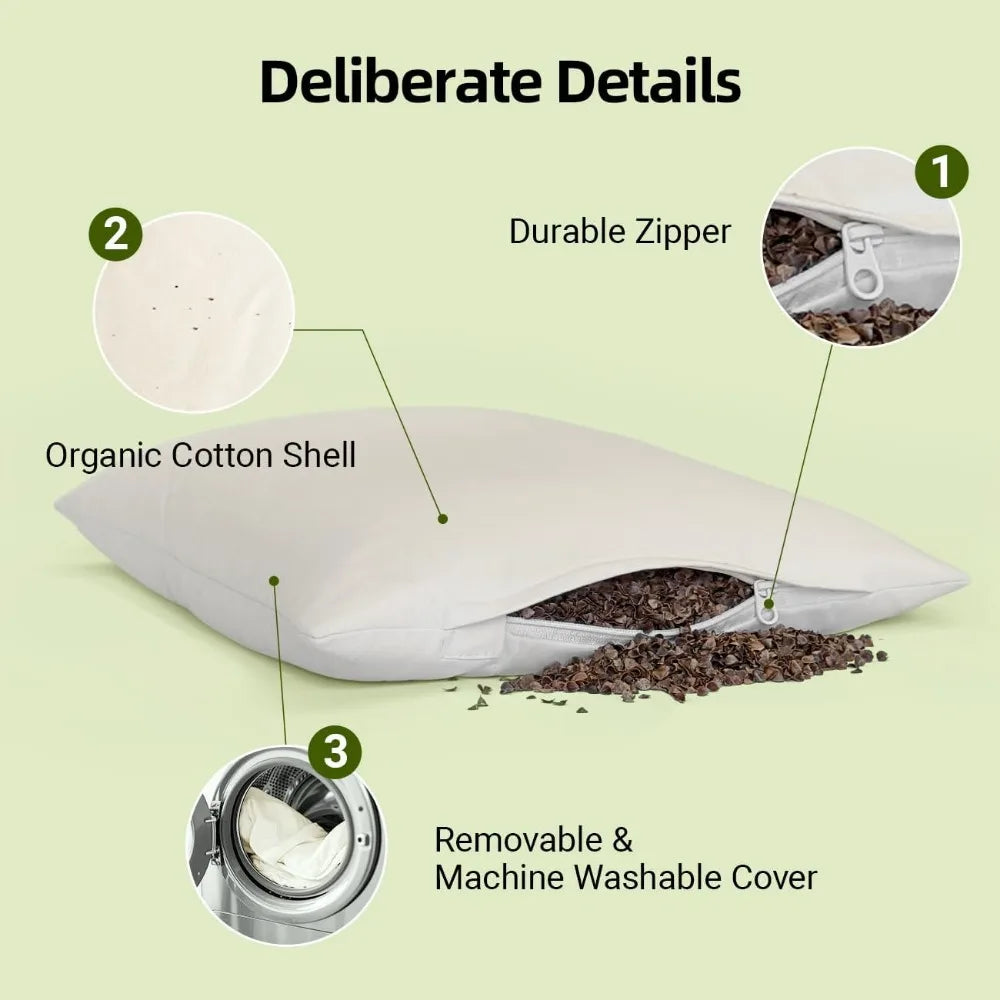Buckwheat Pillow Adjustable Height Organic Cotton Shell
