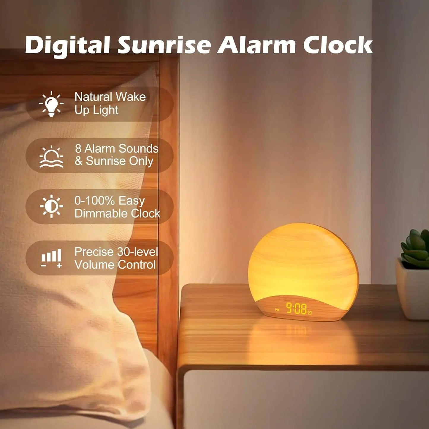 Natural Wood Sunrise Alarm Clock With 26 Soothing Sounds