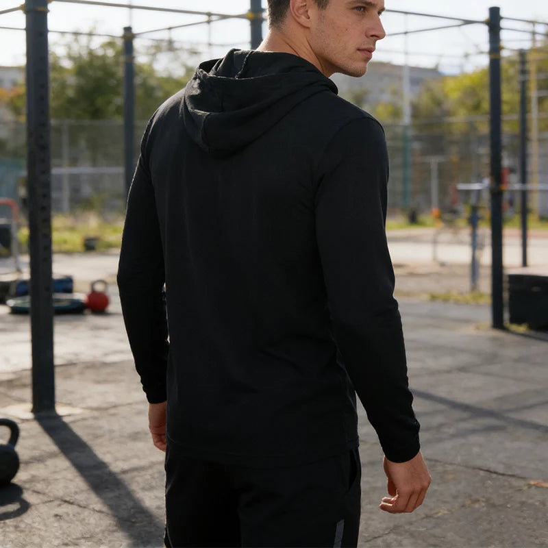 Men's Long Sleeve Hooded T Shirt For Running And Fitness