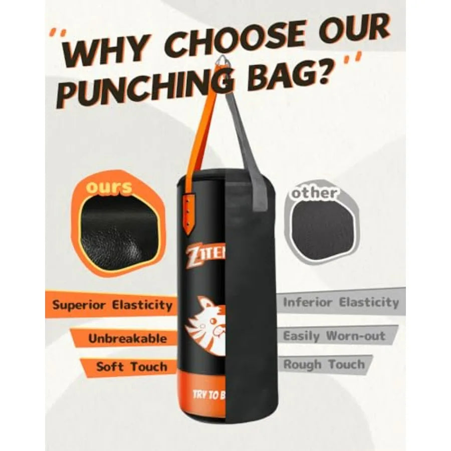 Punching Bag with Gloves - PU Leather Adjustable Hght Strap - Boxing Bag Set for 3-8 Years Great for Boxing MMA Kickboxing